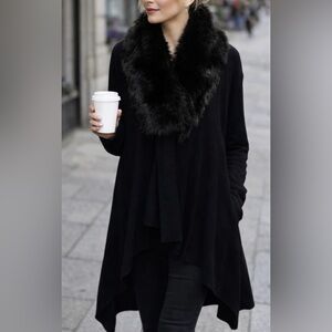 Sioni Flowy Draped Cardigan Detachable Faux Fur Collar size M Black